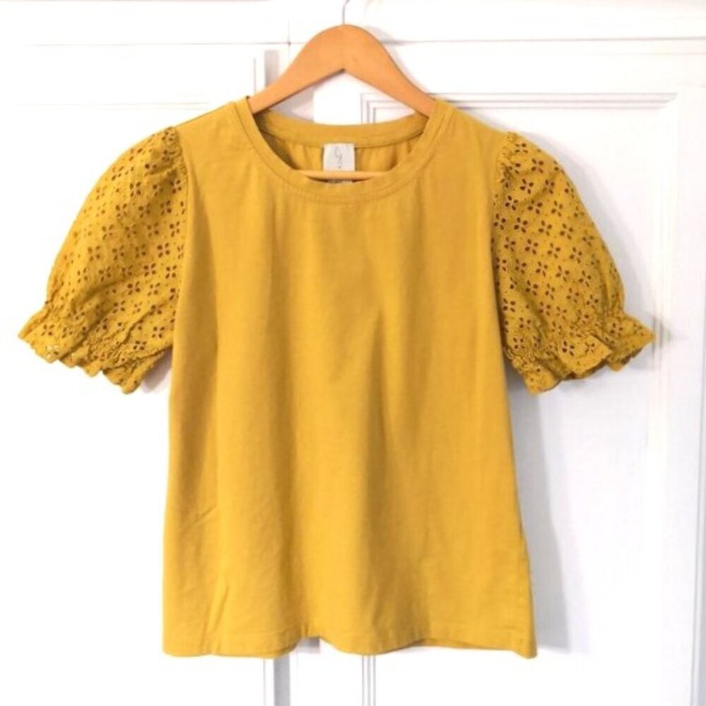 Joie Cotton Crew‎ Neck Eyelet Short Sleeve Mustard Yellow Size S
